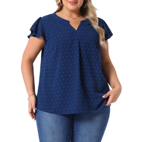 Agnes Orinda Tops - Plus Size Blouses Notched Neck Ruffle Sleeve Basic Top Dark Blue